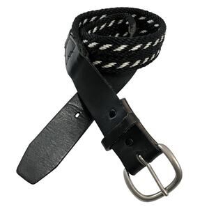 Nocona Belt Woven Braided Nylon & Leather W/ Silver Buckle Sz 32 Black & White